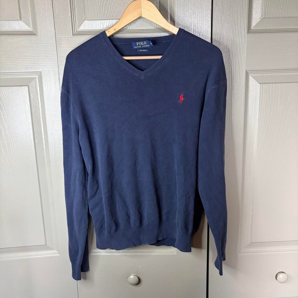 Polo Ralph Lauren Mens Large Navy Blue Pima Cotton V-Neck Sweater Red Pony